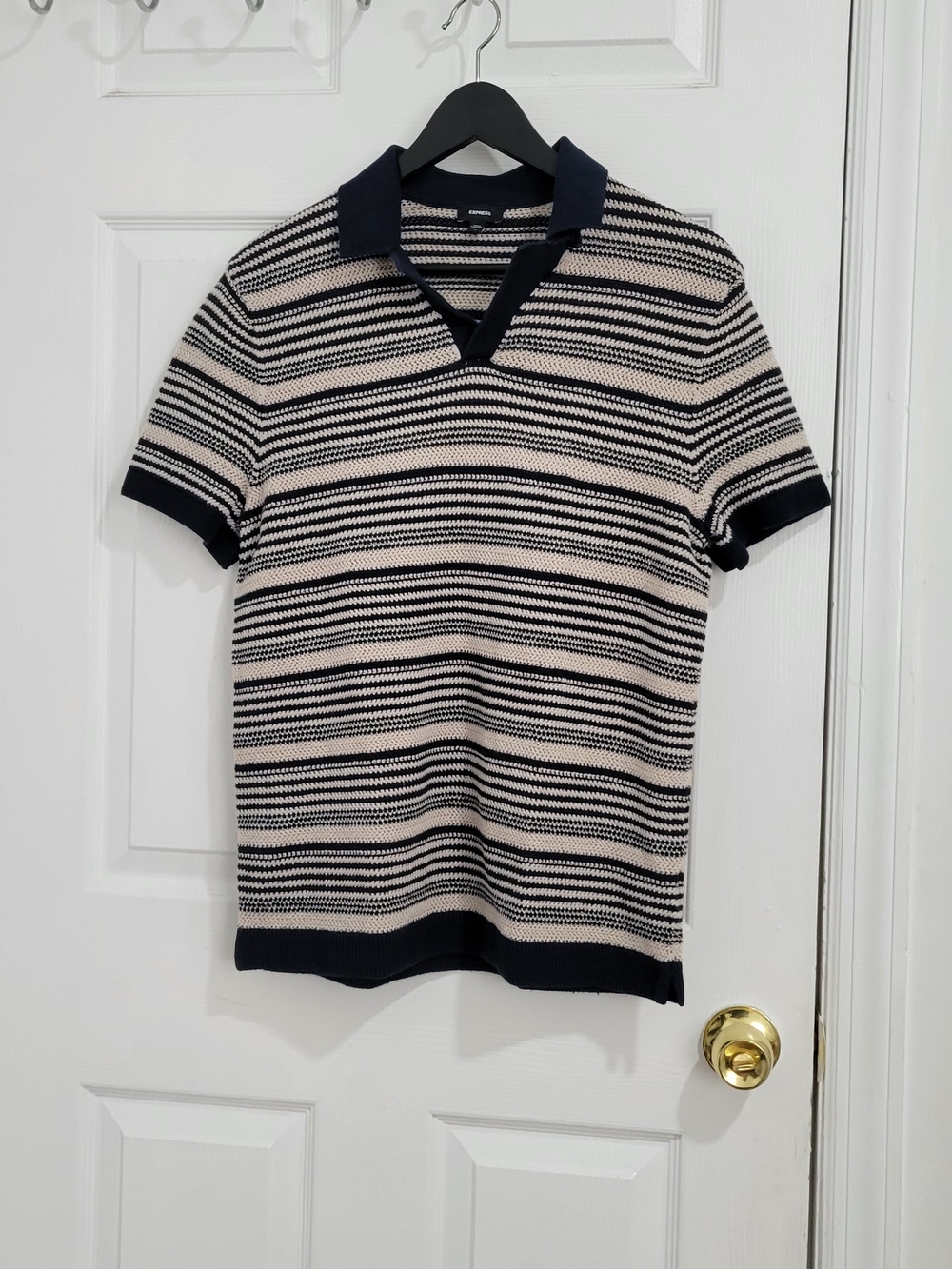 Express Black and Cream Striped Short-Sleeve Polo